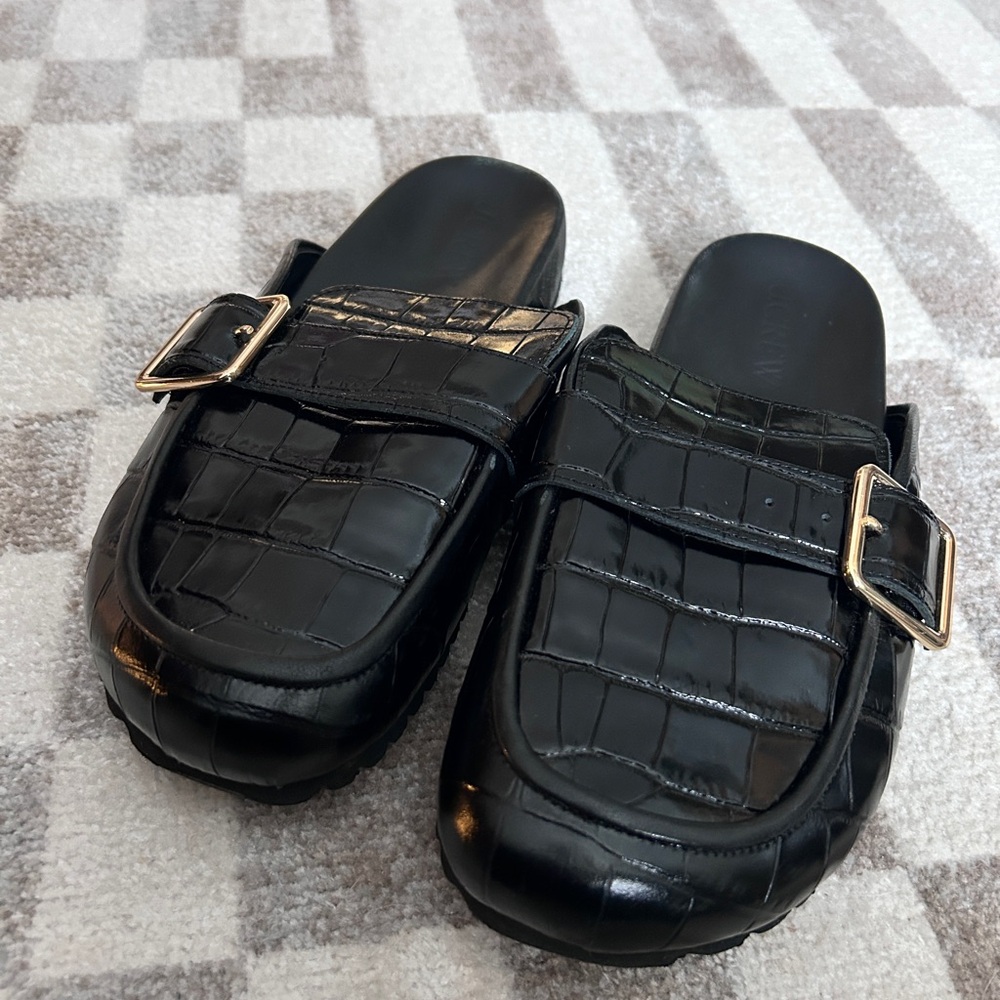 J.CREW Croc-Embossed Buckle Slides